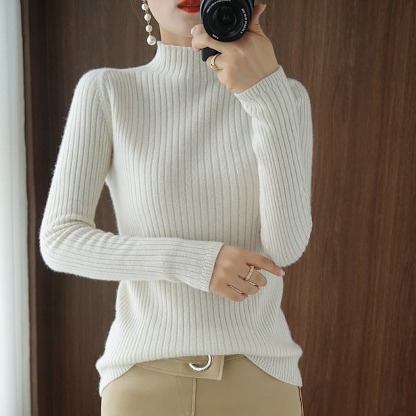 Kvinder strikket efterårs-vintertrøje Halv rullekrave Cashmere Slim Fit Ös overtøj White L