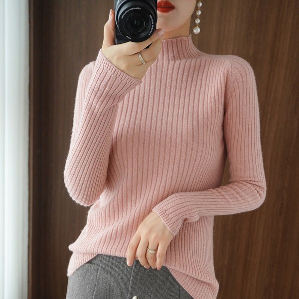 Strikket høst-vintergenser for kvinner Halv turtleneck Cashmere Slim Fit løst yttertøy Leather pink XL