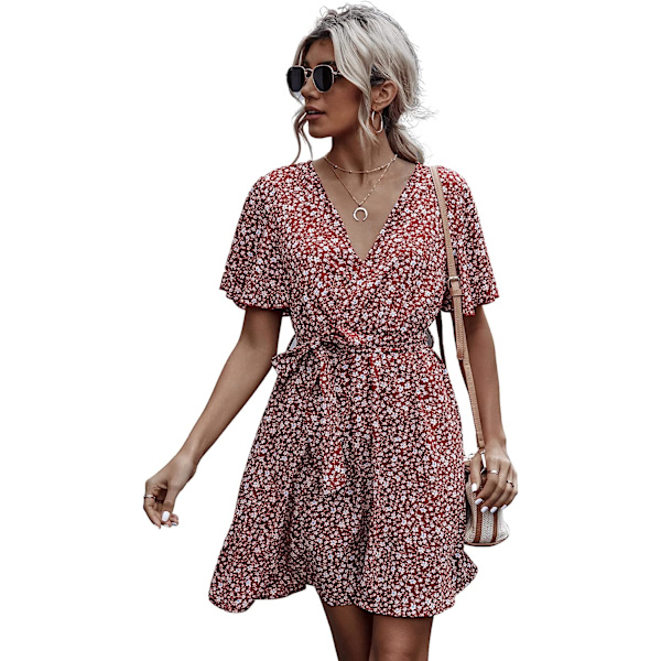 HAUFR Kvinders Sommer Polka Dots V-hals Flæser Cap Sleeve A Line Mini Kjole Red and White X-Large
