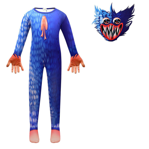 Poppy Playtime Huggy Wuggy Cosplay kostyme Jumpsuit for barn+Maske Fest Bursdagsklær Gaver Blue 120