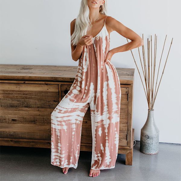 Kvinder Tie-Dye Summer Dye Jumpsuit One-Piece Leisure Vacation Pink,XXL