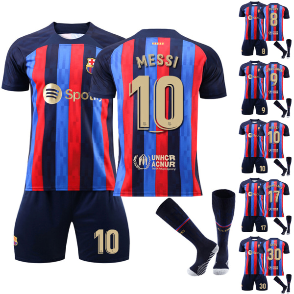 Barcelona hjemme nr. 10 Messi nr. 9 Pedri Fodboldtøj - #17 4-5Y