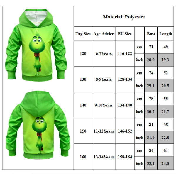 Grinch-huppari pojille, tyttöjen jouluasu 140cm