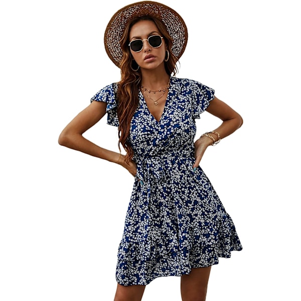 HAUFR Kvinders Sommer Polka Dots V-hals Flæser Cap Sleeve A Line Mini Kjole Blue Floral X-Large