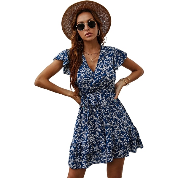 HAUFR Summer Polka Dots V-hals Ruffles Cap Sleeve A Line Mini Dress Blue Floral X-Large