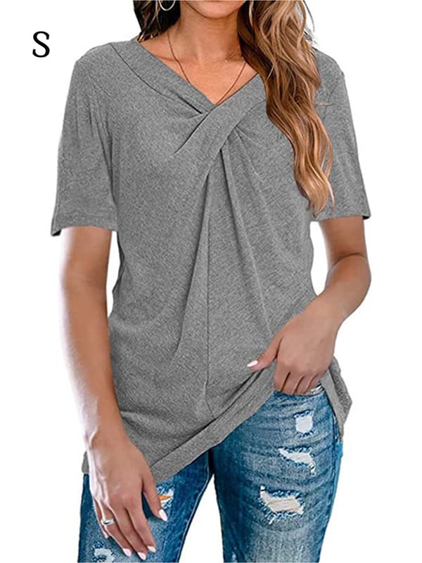 Dam Top Höst Casual Pullover kjorta V-hals Enfärgad blus Short Sleeve S