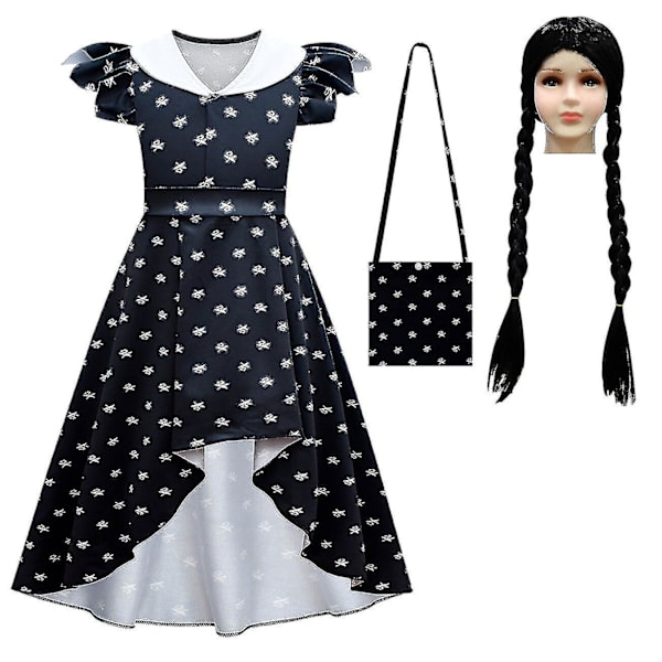 Lasten aikuisten keskiviikko Addams keskiviikko Cosplay-asu musta mekkoasut yhtenäinen Halloween-karnevaaliasu naisille tytöille mekkokassi X Dress bag wig L