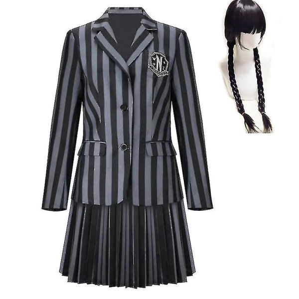 Uusi keskiviikkona Addams Cosplay -asusetti Nevermore Academyn koulupuku Halloween-karnevaalijuhlapuku aikuisille lapsille peruukin kanssa With wig Adult L