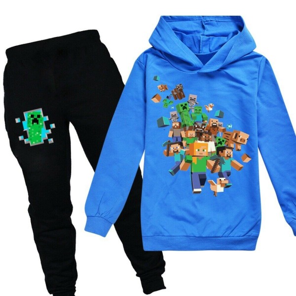Minecraft Kids Hoodies Träningsoverall Set Huvtröja + Byxor Jumper Suit Blue 120cm