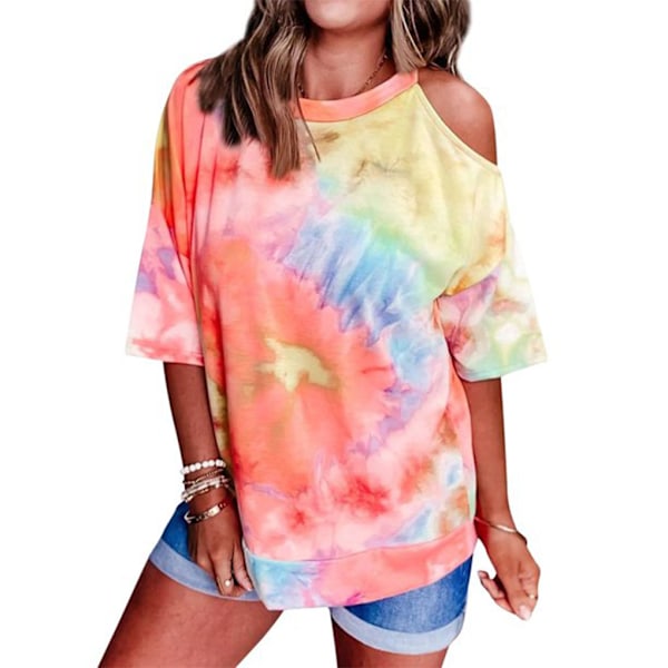 Dam T-shirt Tie-dye printed lös topp kalla axelblus Orange S