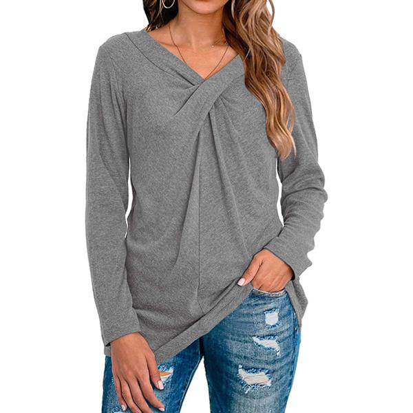 Dame top efterår afslappet pullover skjorte V-hals ensfarvet bluse Long Sleeve L