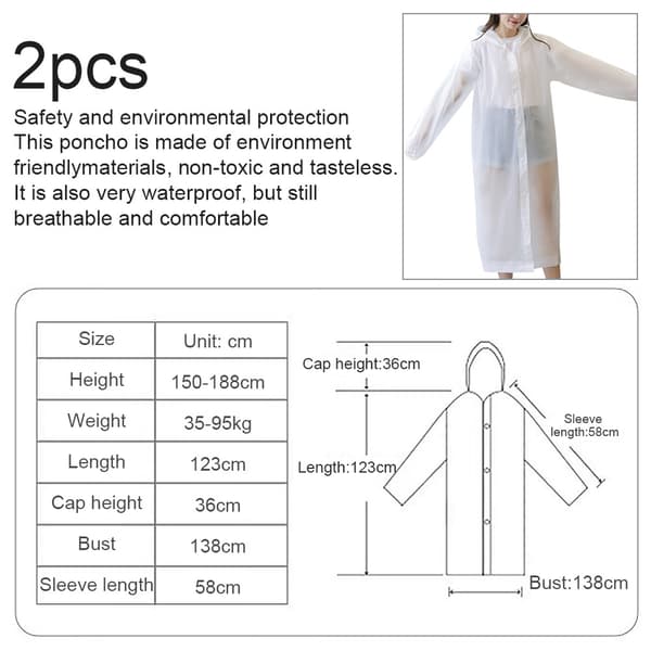 2 ponchoer/regnfrakker for voksne med hette og snøring White