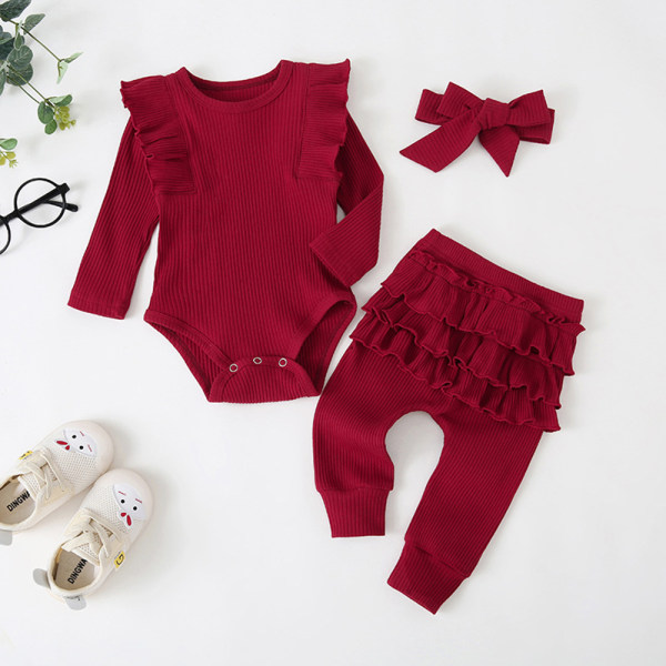 3st Nyfödd Barn Baby Flicka Kläder T-shirt Byxor Leggings Outfit red wine 90cm