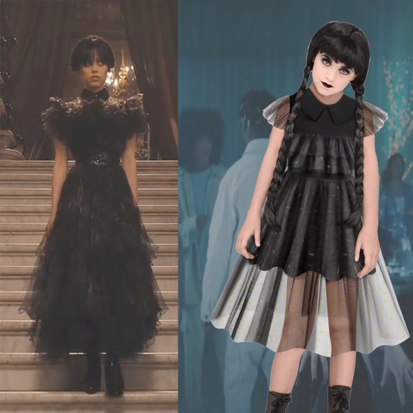 Børn onsdag Addams Cosplay Kostume Kjole Outfits Halloween 110cm