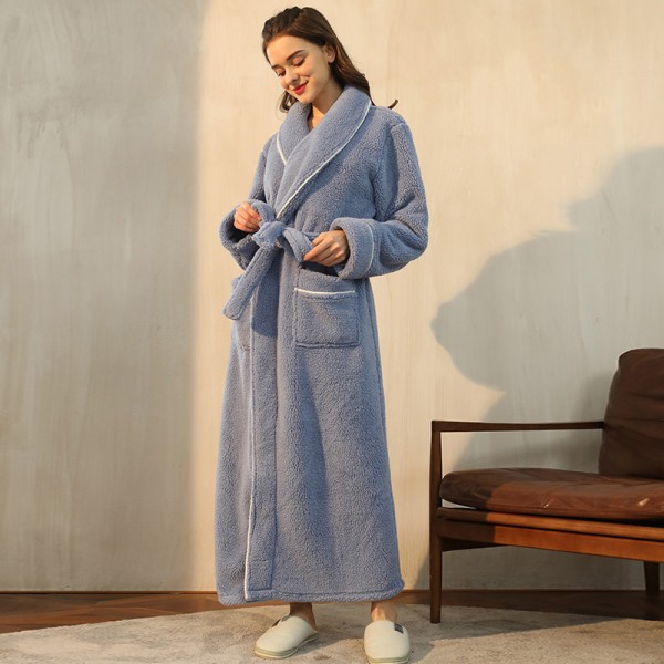 Vinter badekåpe langermet varm fluffy nattkjole fleecekjole blue XL