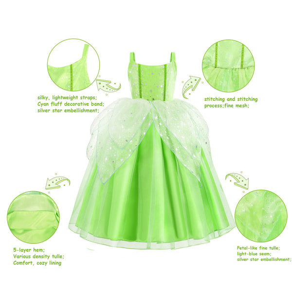 Kid Girl Halloween Peter Pan Tinker Bell Fairy Cosplay Klänning 140cm