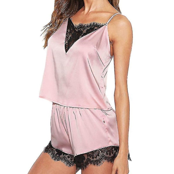 Dam Satin Silke Spets Underkläder Cami Väst Shorts Pyjamas Set Sovkläder Nattkläder (rosa)