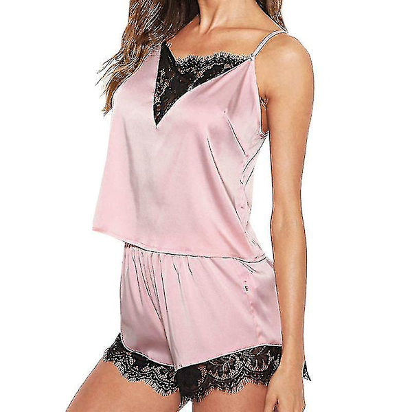 Naisten satiini silkkipitsi Alusvaatteet Cami Vest Shortsit Pyjama Set Sleepwear Yöasut (vaaleanpunainen)