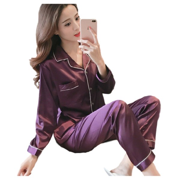 Soft Plain Silk Satin Pyjamas Langermet natttøysett Nattøy Purple XXL