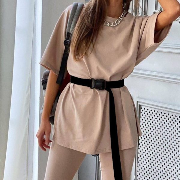 Casual Solid Outfits Kvinder Todelt jakkesæt med bælte Hjem Løs S white XL