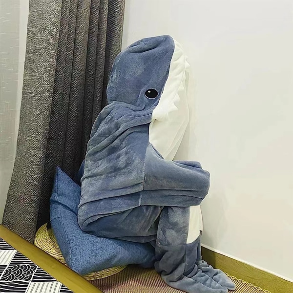 Voksen superblød flannel hættetrøje Shark Sovepose Bærbar Løs One Piece Pyjamas Blå Blue 140cm(140 * 70cm)