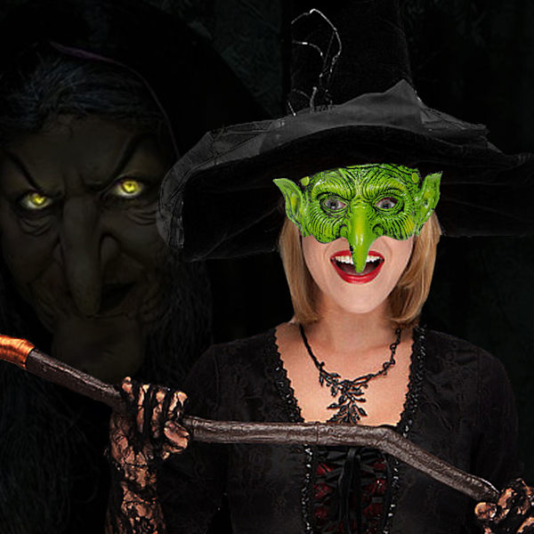 Grön häxmask Skräck läskig halvansikts häxmask Pu-skummande mask med lång näsa Halloween Skrämmande Cosplay-kostymer