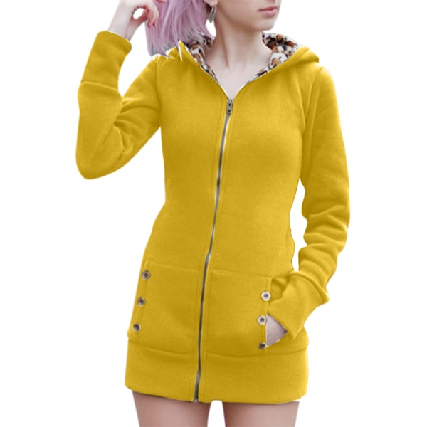 Vinter Kvinnor Hooded Thickened Plus Fleece eopard Sweater Jacka Yellow L