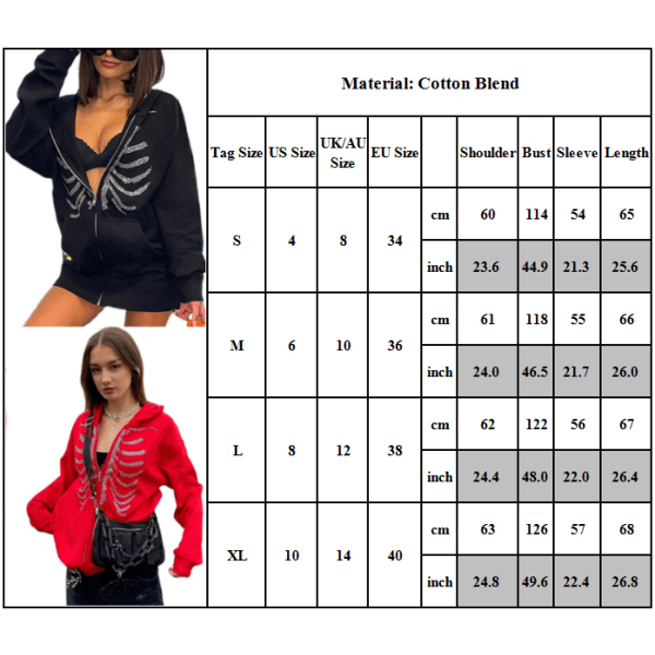 Unisex Zip Oversized Rhinestone Skull Hoodie Sweatshirt Jacka red L