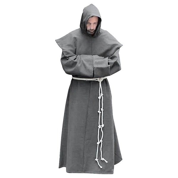 S-5xl Renaissance Munkki Papisto Habit Scapular Friar puku Uskonnollinen pyhä mekko puku Miesten pappi huppu Halloween asu Gray 5XL