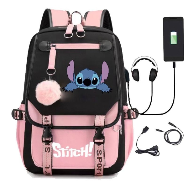 stitch ryggsäck barn ryggsäckar ryggväska med USB uttag 1st lyserød
