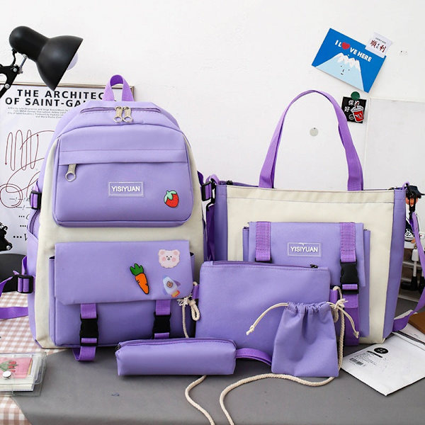 Student tjej ryggsäck axelväska skolväska Canvas Harajuku Large Capacity set Set Middle School College Bag Purple