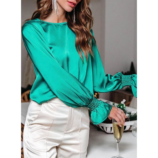 HAUFR Damtröjor Dressy Casual Crewneck Ruffle Bubble Långärmade skjortor Solida satängblusar Green Green