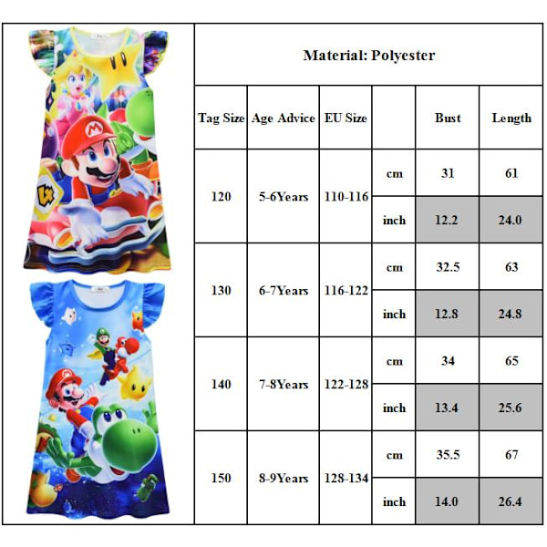 Super Mario artoon Nattklänning Barn Flickor Nattkläder Nattklänning C 7-8 Years
