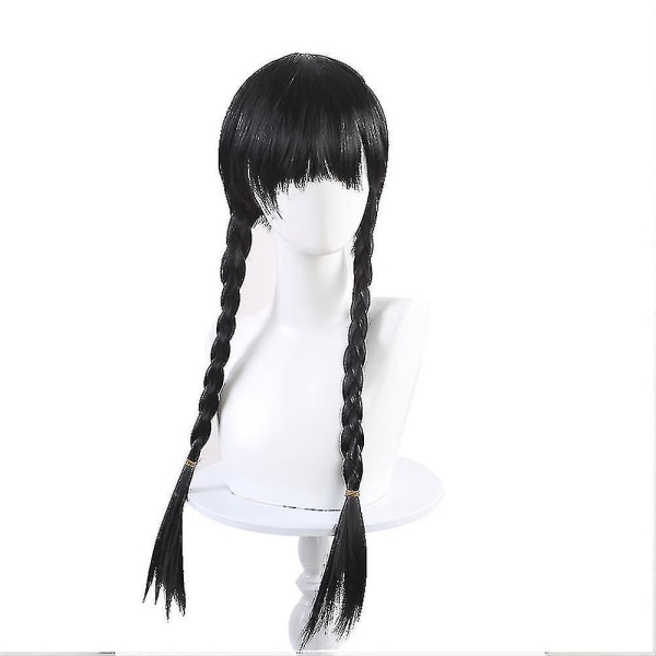 2023 onsdag Addams Kostume Parykker Til Børn Piger Tyl Bælte Gotisk Sort Kjole Halloween Cosplay Fest Kostume Parykker Kjole og paryk 7-8 år Only wigs 5-6 Years