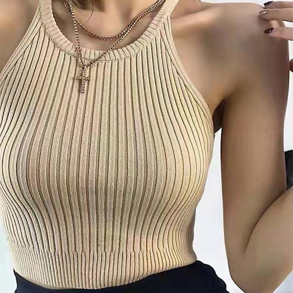 Kvinder Ensfarvet Halter Toppe Strikket Off Shoulder Y2k Toppe Camis Sexy Apricot