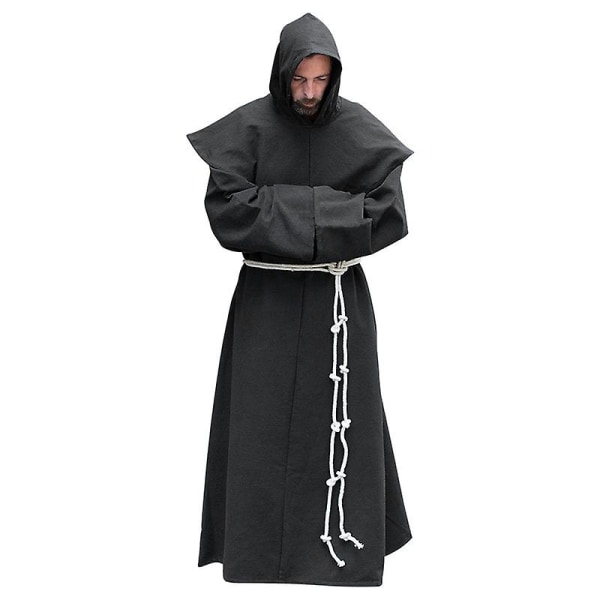 S-5xl Renaissance Munkki Papisto Habit Scapular Friar puku Uskonnollinen pyhä mekko puku Miesten pappi huppu Halloween asu Black XXL