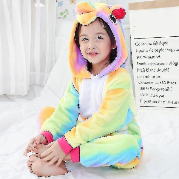 Barn Onesie Flanell Pyjamas Tecknad Djurfigur Kostym med Huva Vinter Hem Kostym För Rainbow Pegasus