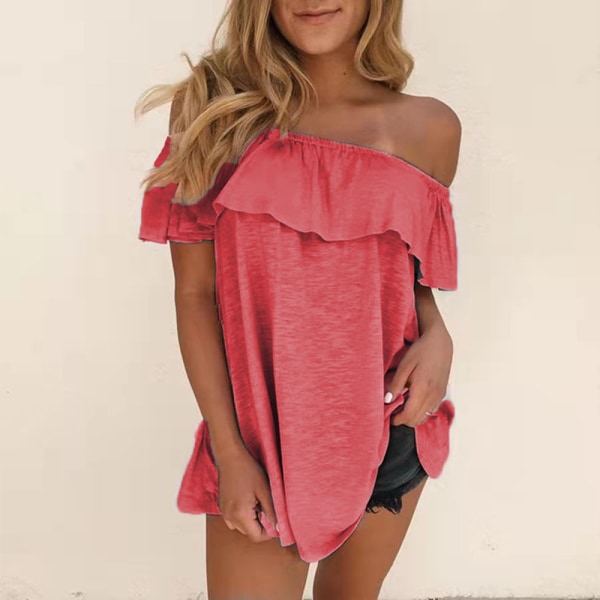 Plus Size Womens Summer Off Shoulder kortärmad blus T-shirt Pink M