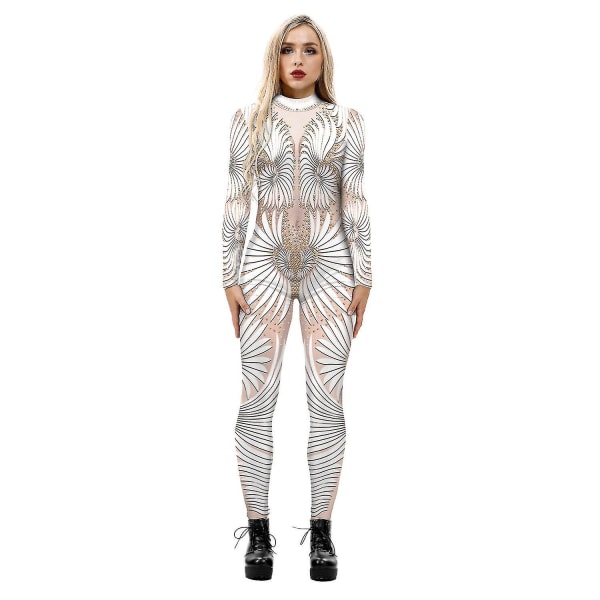 Dame 3d Robot trykt Cosplay kostyme Jumpsuit Halloween Playsuit White Apricot
