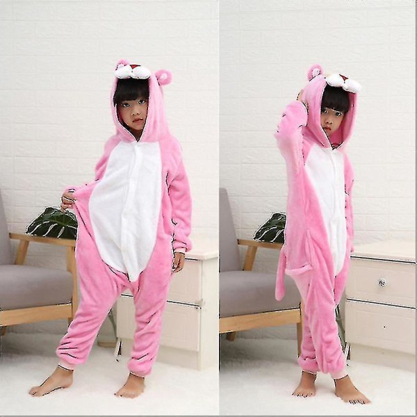 Barn Onesie Flanell Pyjamas Tecknad Djurfigur Kostym med Huva Vinter Hem Kostym För Little Pink Panther