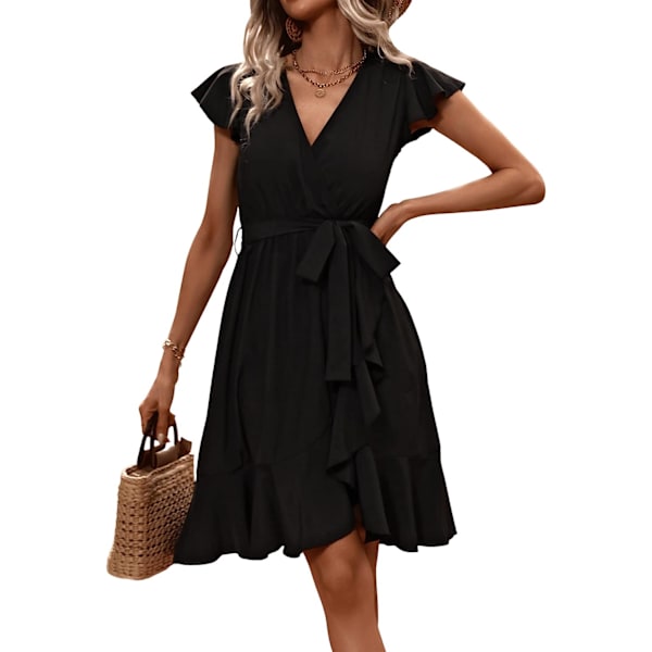 HAUFR Kvinders Sommer Polka Dots V-hals Flæser Cap Sleeve A Line Mini Kjole Black Dull X-Large