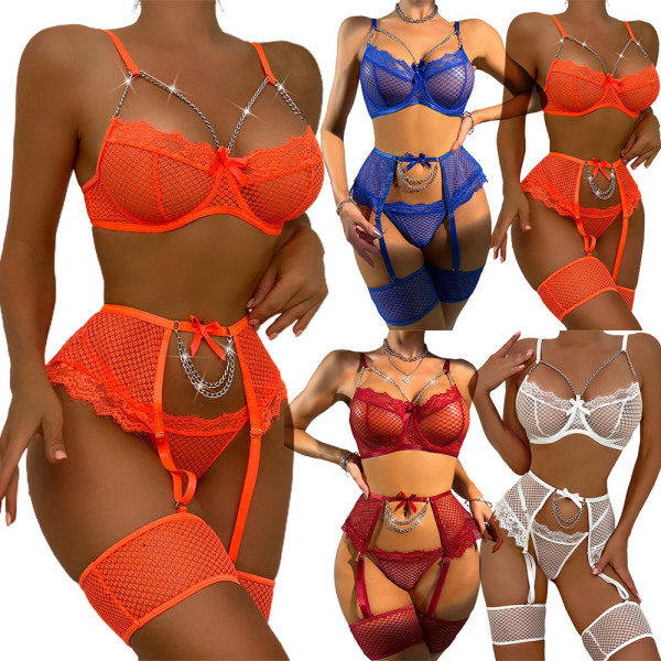 Kvinnors sexiga spetsunderkläder BH Thong Sets Cosplay Nattkläder Sleep Fluorescent orange L