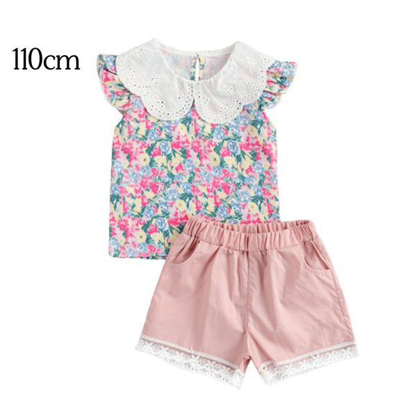 2 stk Baby Summer Outfit Girl Printed Ruffle Top Blonde Shorts Pink 110cm