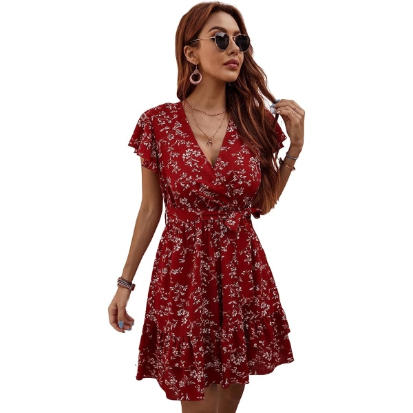 HAUFR Women's Summer Polka Dots V-neck volanger Cap ärm A Line Mini Dress Burgundy Small