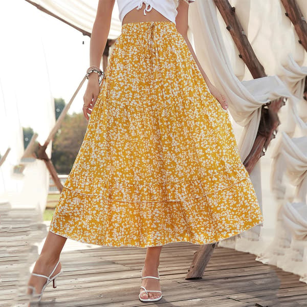 Kvinnor Print Asymmetrisk Hem Boho A-linje lång kjol L