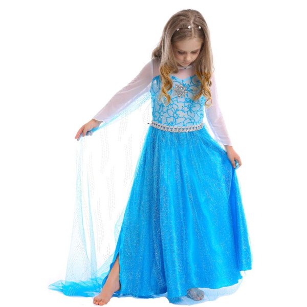 Elsa prinsessekjole + hansker/stav/krone/flette LightBlue 140  cm