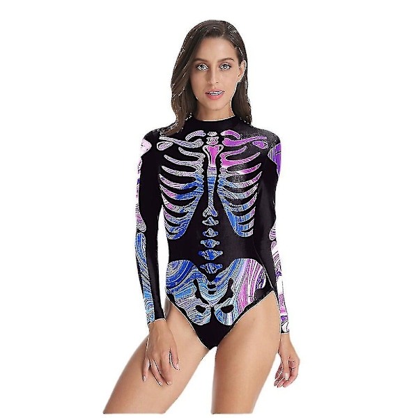 Skeleton Print uimapuku vetoketju pitkähihainen kolmio Halloween One Piece Costumes W Brilliant green S M