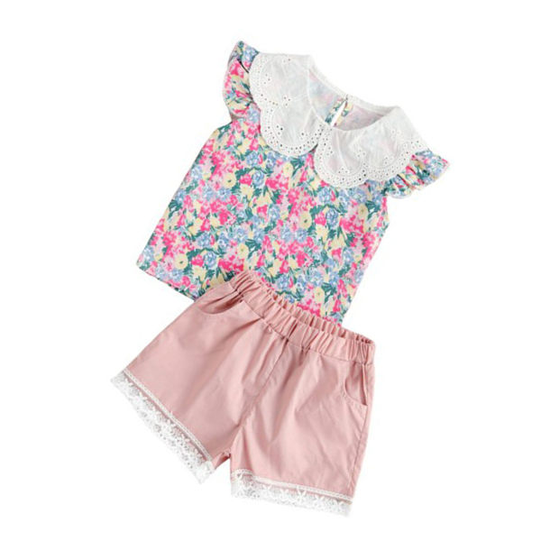 2 stk Baby sommer outfit pige printet flæse top blonde shorts Pink 120cm