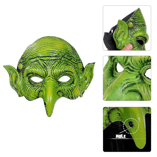 Grön häxmask Skräck läskig halvansikts häxmask Pu-skummande mask med lång näsa Halloween Skrämmande Cosplay-kostymer