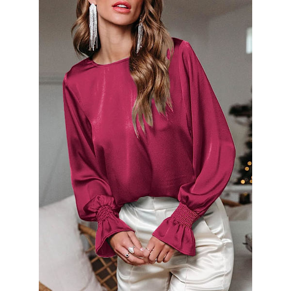 HAUFR Gensere for kvinner Dressy Uformell, rund hals Ruffle Bubble Langermede skjorter Solid sateng bluser Parent Apricot